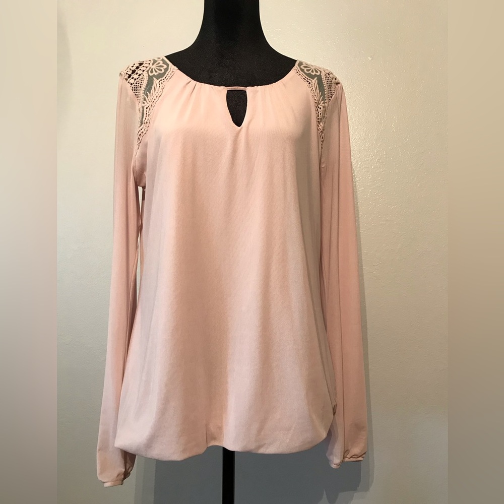 Maurices Sheer Long Sleeve Top Size M in a Light Pale Pink Shoulder Detail